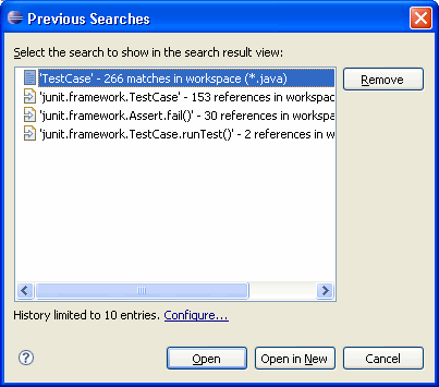 Previous search results dialog