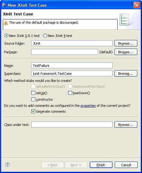 TestCase creation wizard page 1